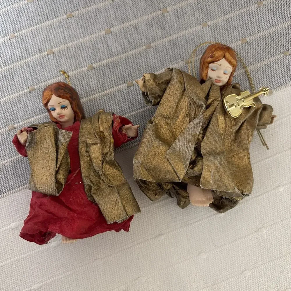 Angel Red Gold Robes Musician Vintage Cottagecore Christmas Ornament‎ Lof of 2